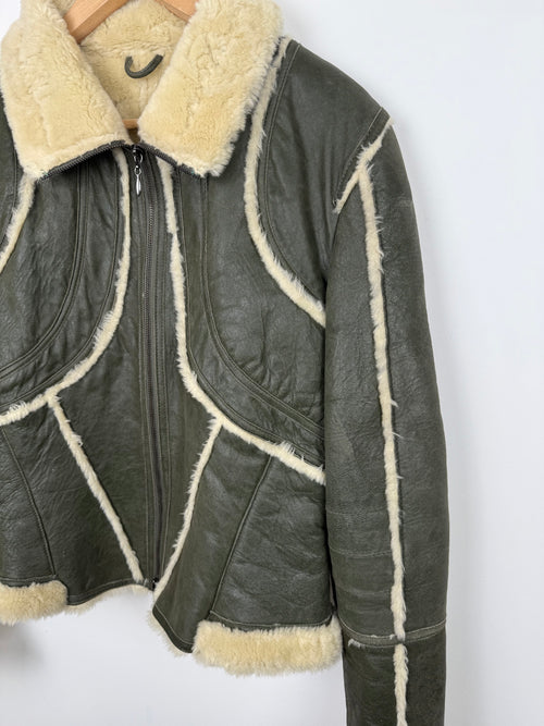 Blouson Bombardier Cuir de Chèvre Vert Vintage Empiècements Fourrure - Taille S