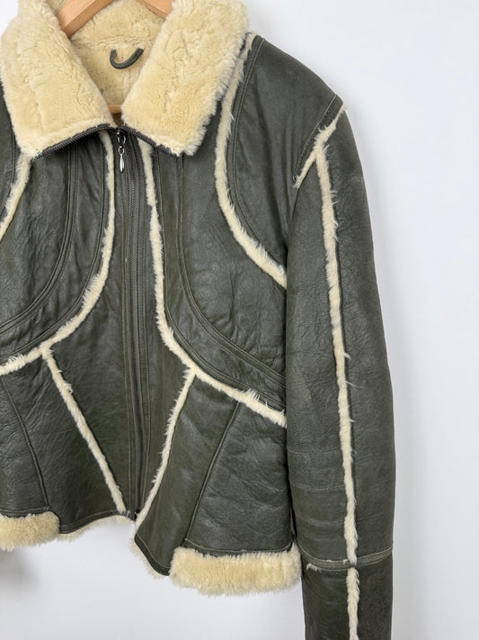Blouson Bombardier Cuir de Chèvre Vert Vintage Empiècements Fourrure - Taille S