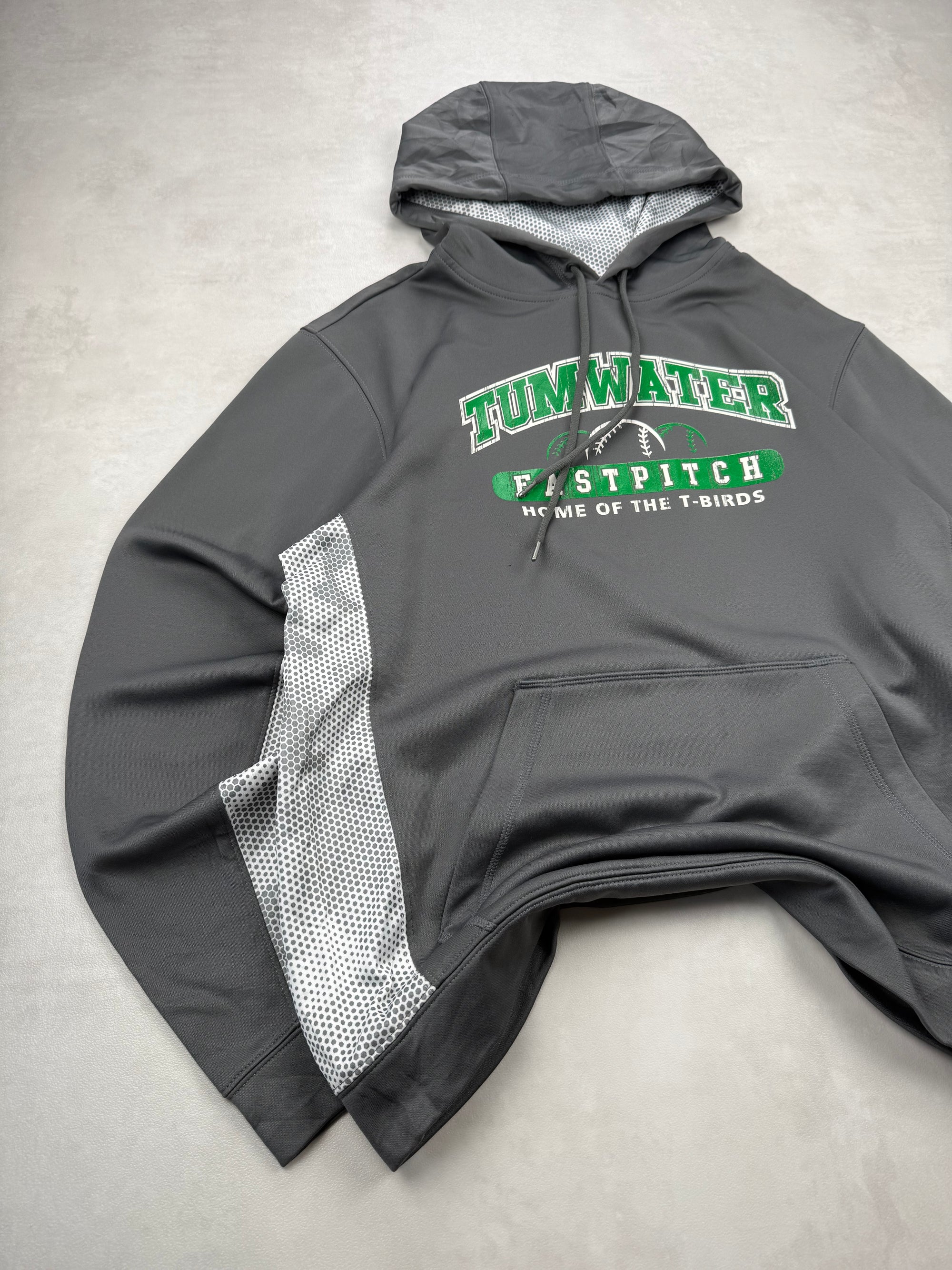 Sweat à capuche Tumwater Fastpitch vintage universitaire gris logo vert - taille S