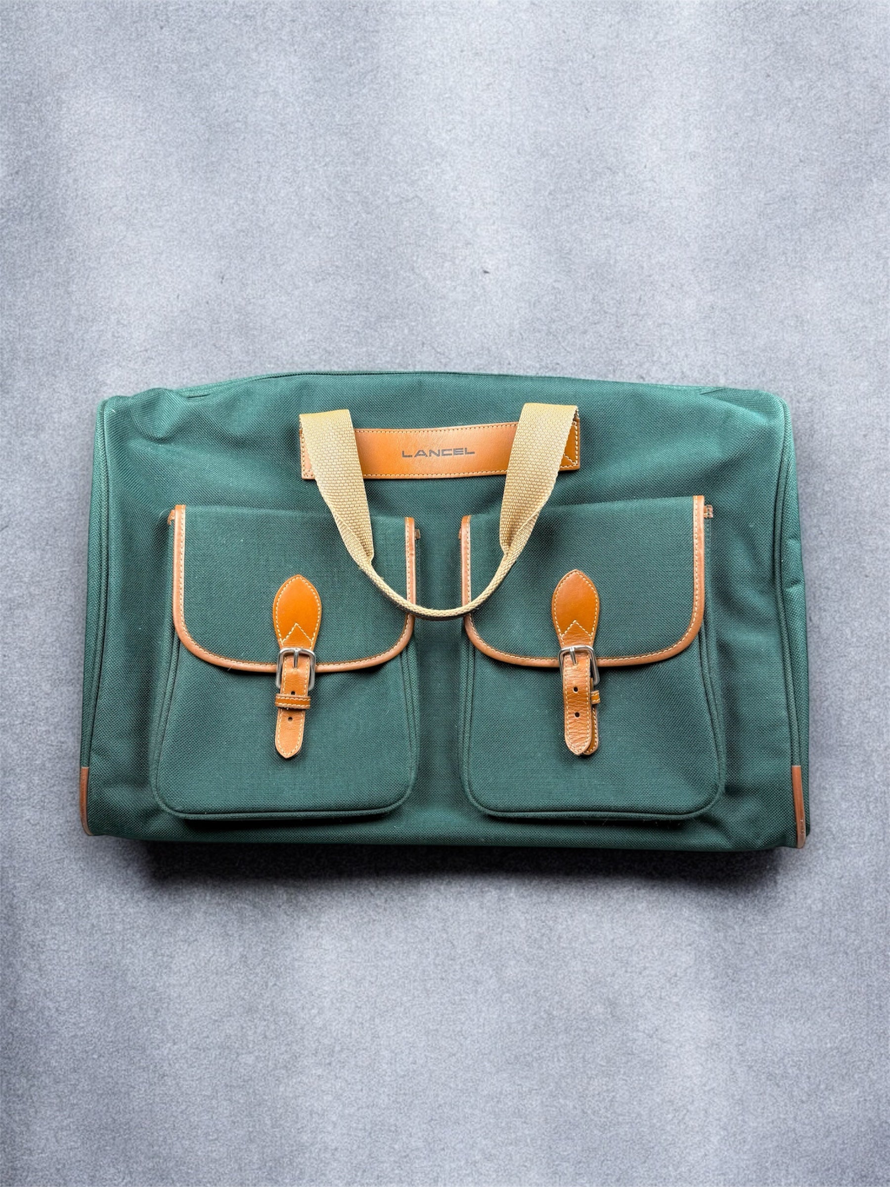 Lancel Paris sac de voyage vintage toile verte & cuir - made in France