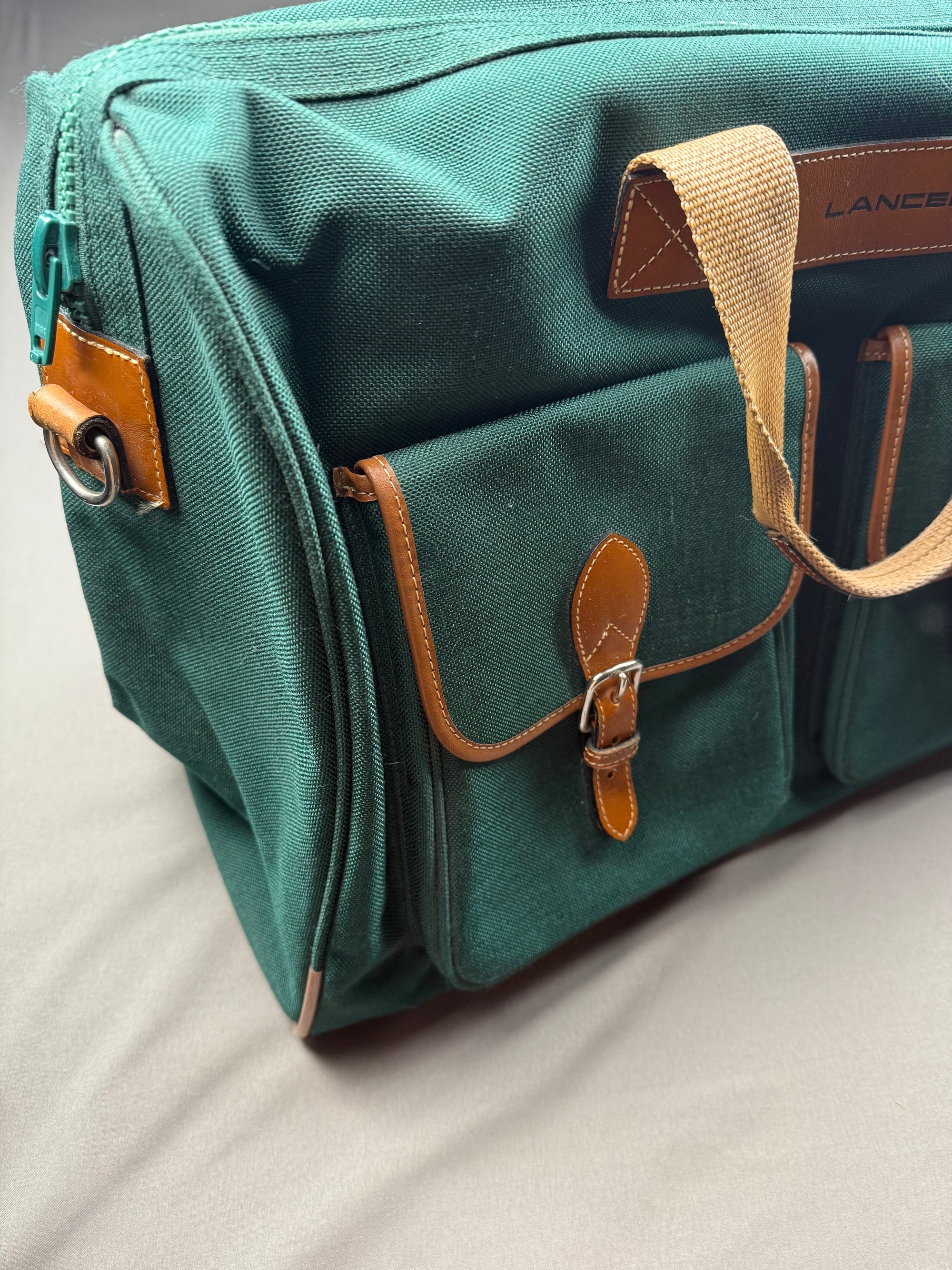 Lancel Paris sac de voyage vintage toile verte & cuir - made in France