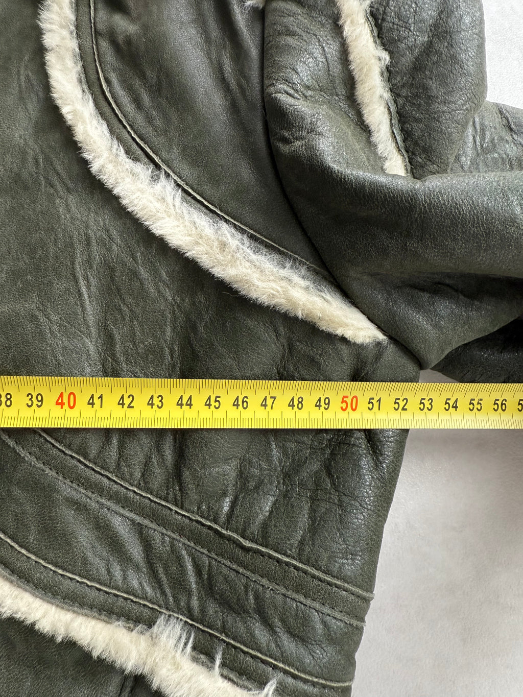 Blouson Bombardier Cuir de Chèvre Vert Vintage Empiècements Fourrure - Taille S