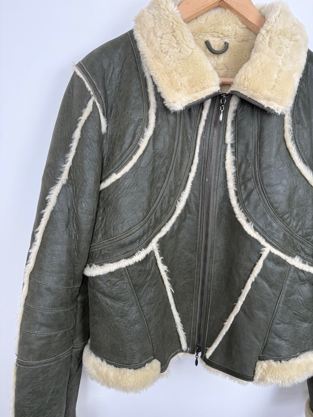 Blouson Bombardier Cuir de Chèvre Vert Vintage Empiècements Fourrure - Taille S