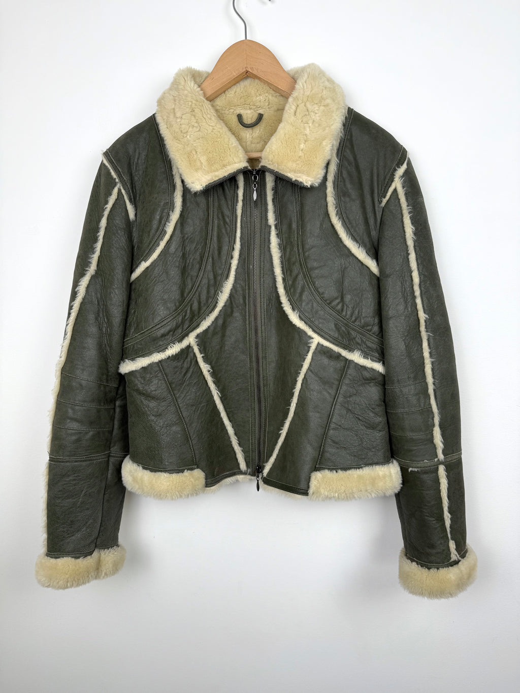 Blouson Bombardier Cuir de Chèvre Vert Vintage Empiècements Fourrure - Taille S