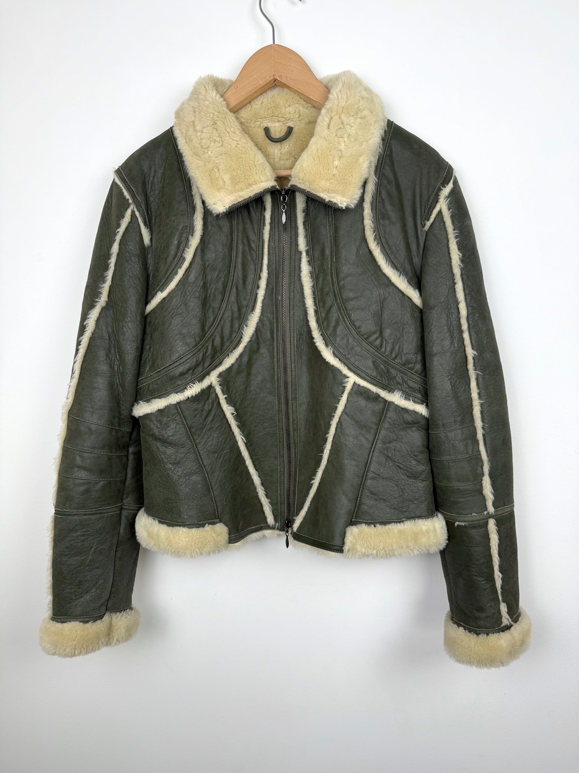 Blouson Bombardier Cuir de Chèvre Vert Vintage Empiècements Fourrure - Taille S