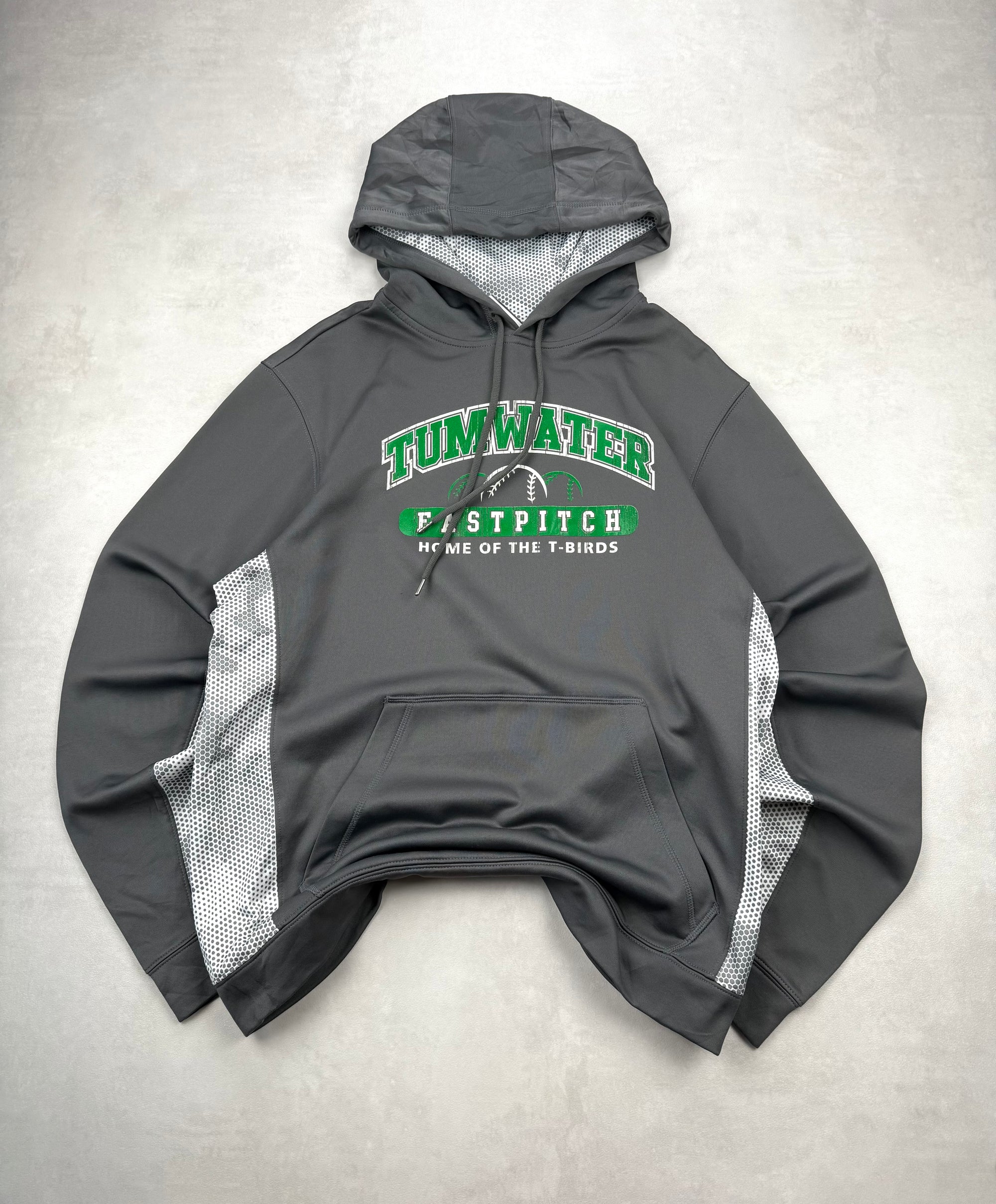 Sweat à capuche Tumwater Fastpitch vintage universitaire gris logo vert - taille S