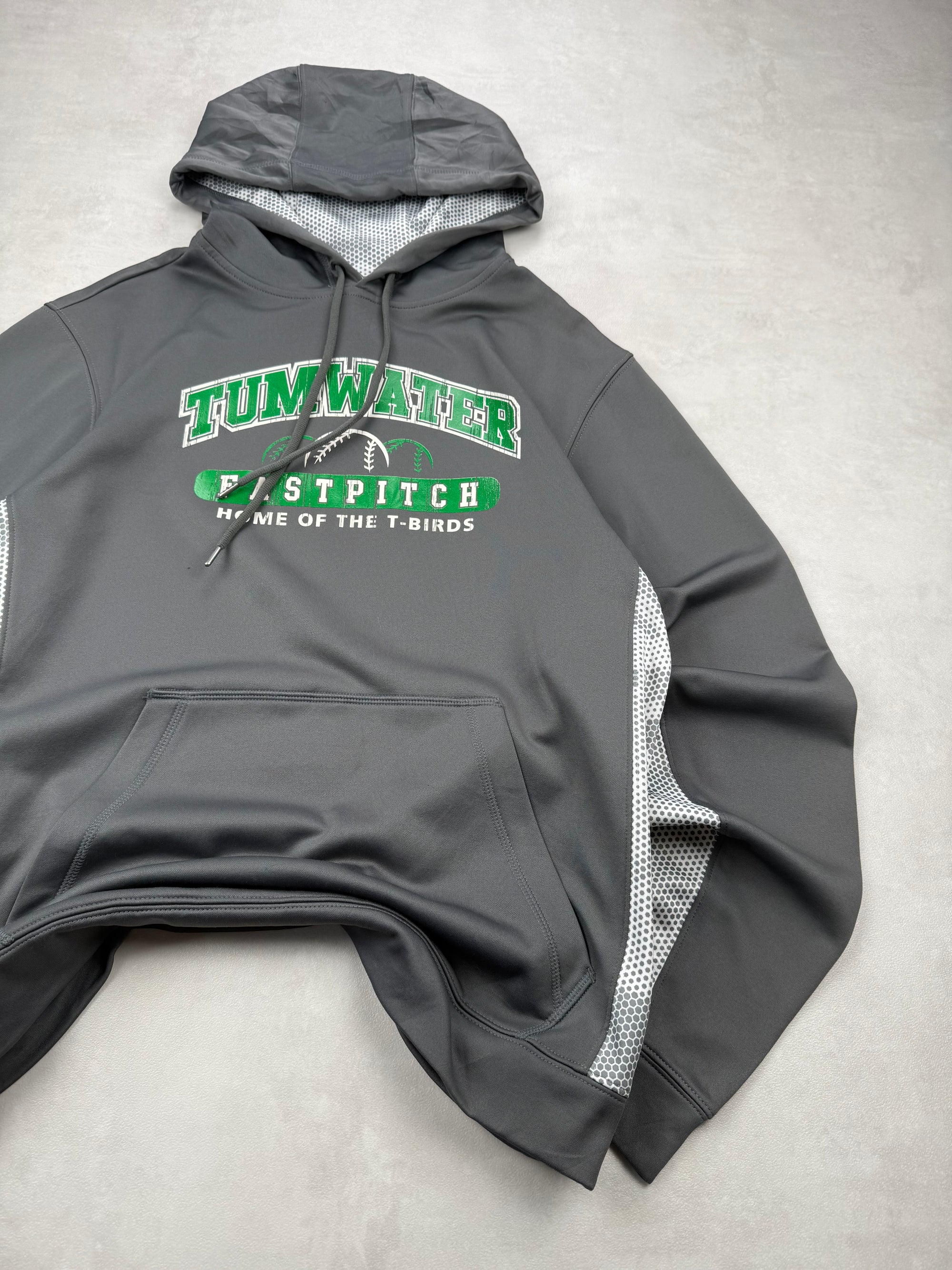 Sweat à capuche Tumwater Fastpitch vintage universitaire gris logo vert - taille S
