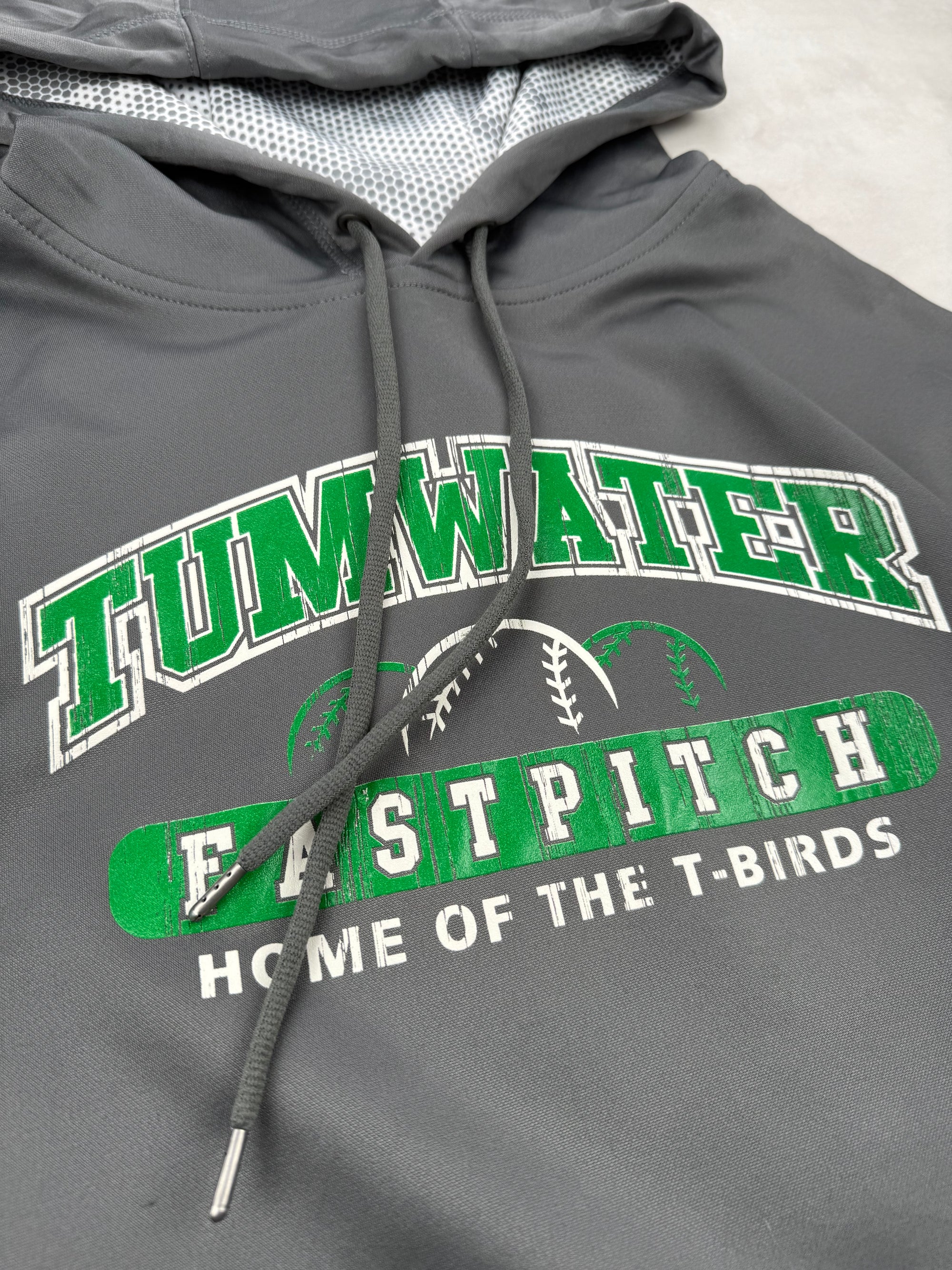 Sweat à capuche Tumwater Fastpitch vintage universitaire gris logo vert - taille S